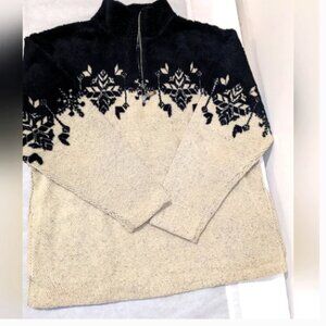 Izod Quarter Zip Mock Neck Pullover Black and Cream Snowflake Sweater